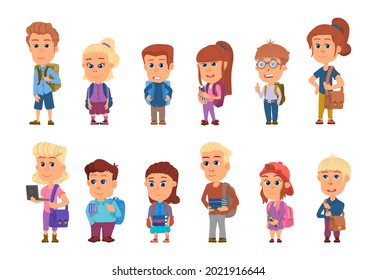 School student characters. Students with books and backpacks, cartoon children. Isolated girl boy teens, elementary education decent vector set