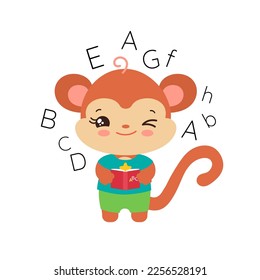 School student chimp holding a textbook. Elementary pupil little monkey kawaii animal. English language abc learning. Primary school subject vector. Education clipart. Teachers resources.