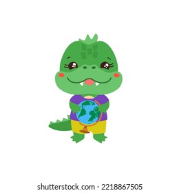 School student crocodile holding a globe. Social studies learning. Elementary pupil little dinosaur dragon amphibian animal. Primary school geography subject vector. Education clipart.