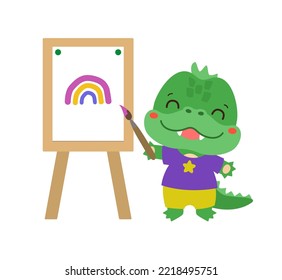 School student crocodile with paint brush and easel. Art studies. Elementary pupil little dinosaur dragon amphibian animal. Primary school subject vector. Education clipart. Art class logo sign.