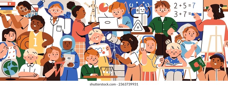 School student crowd studying. Kids education concept. Happy children group, elementary pupils with books, board, different subjects, learning courses. Diverse schoolkids. Flat vector illustration