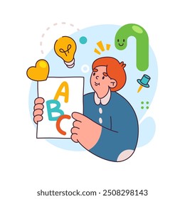 School student or elementary grade pupil showing abc letters on paper. Vector flat character learning alphabet at English language lessons and classes, studying words in primary