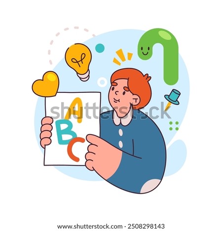School student or elementary grade pupil showing abc letters on paper. Vector flat character learning alphabet at English language lessons and classes, studying words in primary