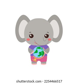 School student elephant holding a globe. Social studies learning. Elementary pupil little elephant kawaii animal. Primary school geography subject vector. Education clipart.