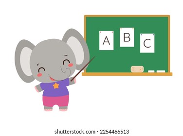 School student elephant standing next to chalkboard with pointer. Abc learning. Little elephant elementary pupil. Cute kawaii animal. Primary school subject vector. Education resources.