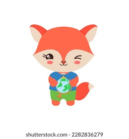 School student fox holding a globe. Social studies learning. Elementary pupil little fox kawaii animal. Primary school geography subject vector. Education clipart.