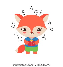 School student fox holding a textbook. Elementary pupil little fox kawaii animal. English language abc learning. Primary school subject vector. Education clipart. Teachers resources.