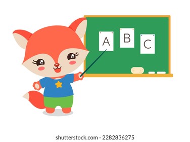 School student fox standing next to chalkboard with pointer. Abc learning. Cartoon fox elementary pupil. Cute kawaii animal. Primary school subject vector. Education resources.