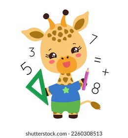 School student giraffe holding a pencil and ruler. Maths learning. Little giraffe elementary pupil. Cute kawaii animal. Primary school subject vector. Education teachers resources.