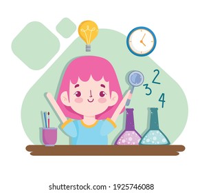School student girl science class magnifier and test tube vector illustration - Shutterstock ID 1925746088