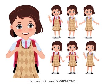 School student girl vector set. Female students 3d characters in cute smiling expression with uniform and bag elements for back to school educational design. Vector illustration

