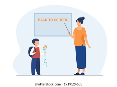 School student giving flowers to teacher. Pupil and tutor meeting at blackboard in class. Flat vector illustration. Back to school, education concept for banner, website design or landing web page