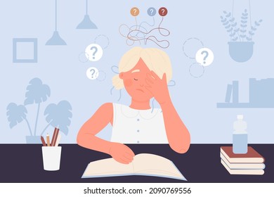 School student with hard choice vector illustration. Cartoon unhappy confused kid doing complicated homework test with stress, child sitting at desk to study. Education, difficulty in exam concept