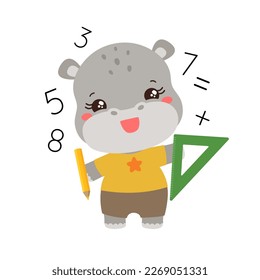 School student hippo holding a pencil and ruler. Maths learning. Cute kawaii animal. Little hippopotamus elementary pupil. Primary school subject mathematics. Education teachers resources.