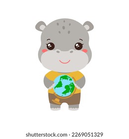 School student hippopotamus holding a globe. Social studies learning. Elementary pupil little hippo kawaii animal. Primary school geography subject vector. Education clipart.