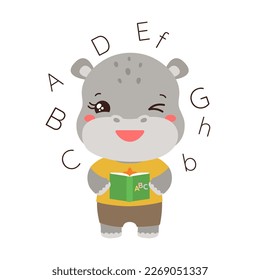 School student hippopotamus holding a textbook. Elementary pupil little hippo kawaii animal. English language abc learning. Primary school subject vector. Education clipart. Teachers resources.