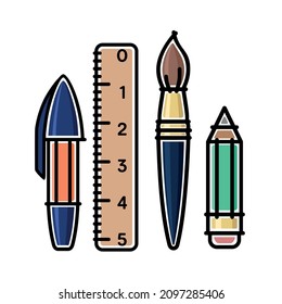 School student items. Pen, pencil, brush and ruler, color isolated illustration in flat style with black outline. Vector graphics