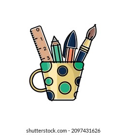 School student items. Pen, pencil, brush and ruler in a cup, color isolated illustration in flat style with black outline. Vector graphics