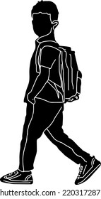 School student kid carrying school bag on his back outline vector illustration, boy walking with a school bag on his back sketch drawing, cartoon doodle of school dress wearing kid