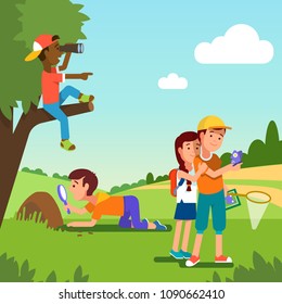 School student kids doing summer nature research project. Boy look at anthill with magnifier. Boy sitting on tree watching through binoculars. Kids watching butterfly. Flat vector illustration