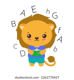 School student lion holding a textbook. Elementary pupil little lion kawaii animal. English language abc learning. Primary school subject vector. Education clipart. Teachers resources.