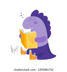 School, student. Love read books. Cute lovely dinosaur reading book. Reptile. Trendy Flat Illustration for kids game, book, t-shirt, card, print, poster, decoration, textile, banner