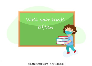 School Student in Medical Mask Carry Books Pile at Blackboard with Wash your Hands Often Chalky Inscription. Kid Character Visit College or Preschool at Covid19 Pandemic. Cartoon Vector Illustration