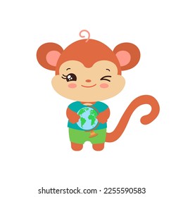 School student monkey holding a globe. Social studies learning. Elementary pupil little chimp kawaii animal. Primary school geography subject vector. Education clipart.