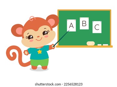 School student monkey standing next to chalkboard with pointer. Abc learning. Little chimp elementary pupil. Cute kawaii animal. Primary school subject vector. Education resources.