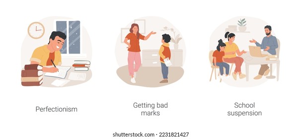 School student problems isolated cartoon vector illustration set. Perfectionism, stressed student study, getting bad marks, low academic performance, school suspension, exclusion vector cartoon.