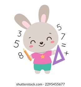 Conejo escolar de estudiantes sosteniendo un lápiz y una regla. Aprender matemáticas. Un animal lindo kawaii. El pequeño alumno de primaria del conejo kawaii hare. Matemáticas en la escuela primaria. Recursos de profesores de educación.