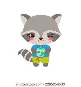 School student raccoon holding a globe. Social studies learning. Elementary pupil little raccoon kawaii animal. Primary school geography subject vector. Education clipart.