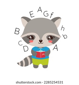 School student raccoon holding a textbook. Elementary pupil little raccoon kawaii animal. English language abc learning. Primary school subject vector. Education clipart. Teachers resources.