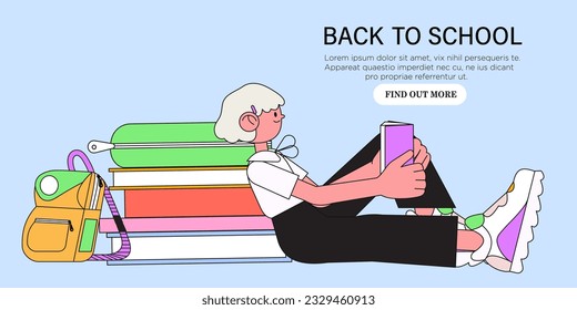 School student sit near a pile of books and school supplies. Female pupil learn or study at home or school with backpack or bag and study supplies. Back to school concept banner, web page or poster.