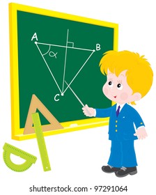 school student standing at the blackboard in class of Geometry