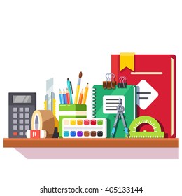 School student stationary supplies on the shelf. Flat style vector illustration.