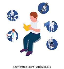 School student studying reading book and dreaming about future profession isometric 3d vector illustration concept for banner, website, illustration, landing page, flyer, etc.