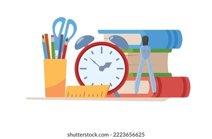 Suministros escolares y composición de papelería, ilustración plana vectorial aislada en fondo blanco. Suministros escolares con libros y lápices en taza.