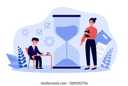 School student taking writing exam, teacher watching him. Hourglass, books. Flat vector illustration. Education concept can be used for presentations, banner, website design, landing web page