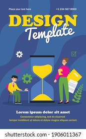 School student taking writing exam, teacher watching him. Hourglass, books. Flat vector illustration. Education concept can be used for presentations, banner, website design, landing web page