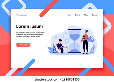 School student taking writing exam, teacher watching him. Hourglass, books. Flat vector illustration. Education concept can be used for presentations, banner, website design, landing web page