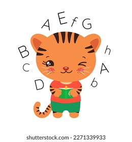 School student tiger cub holding a textbook. Elementary pupil little tiger kawaii animal. English language abc learning. Primary school subject vector. Education clipart. Teachers resources.