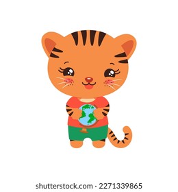 School student tiger holding a globe. Social studies learning. Elementary pupil little tiger cub kawaii animal. Primary school geography subject vector. Education clipart.