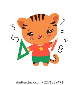 School student tiger holding a pencil and ruler. Maths learning. Cute kawaii animal. Little tiger elementary pupil. Primary school subject mathematics. Education teachers resources.