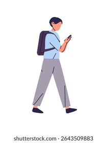 School student uses smartphone on the go. Kid carries backpack, scrolls social networks in phone. Little boy with telephone, schoolbag to study. Flat isolated vector illustration on white background