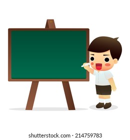 school student writing with chalk on the school blackboard