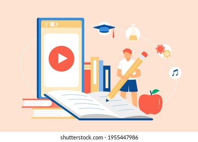 School student writing in notebook on mobile phone. Flat style illustration, digital tablet by stack of books.
