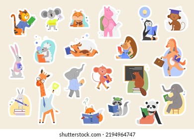 School students animals, cute toy stickers for kids set vector illustration. Cartoon funny happy wild characters study alphabet with books and blackboard. Back to zoo school, education concept