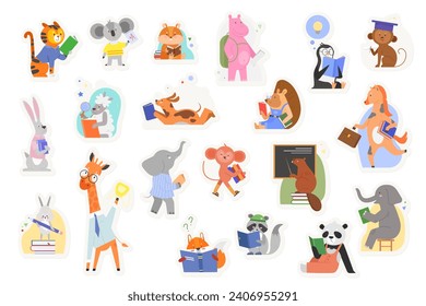 School students animals, cute toy stickers for kids set vector illustration. Cartoon funny happy wild characters study alphabet with books and blackboard. Back to zoo school, education concept