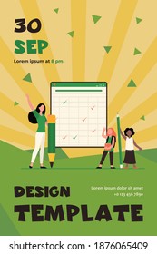 School students at blackboard. Girls and young woman holding huge pencils, raising hands flat vector illustration. Education, training course concept for banner, website design or landing web page